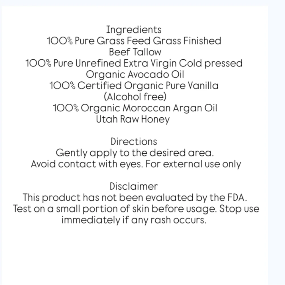 Vanilla Tallow Body Balm with Argan Oil and honey 8 oz 100% Orga…